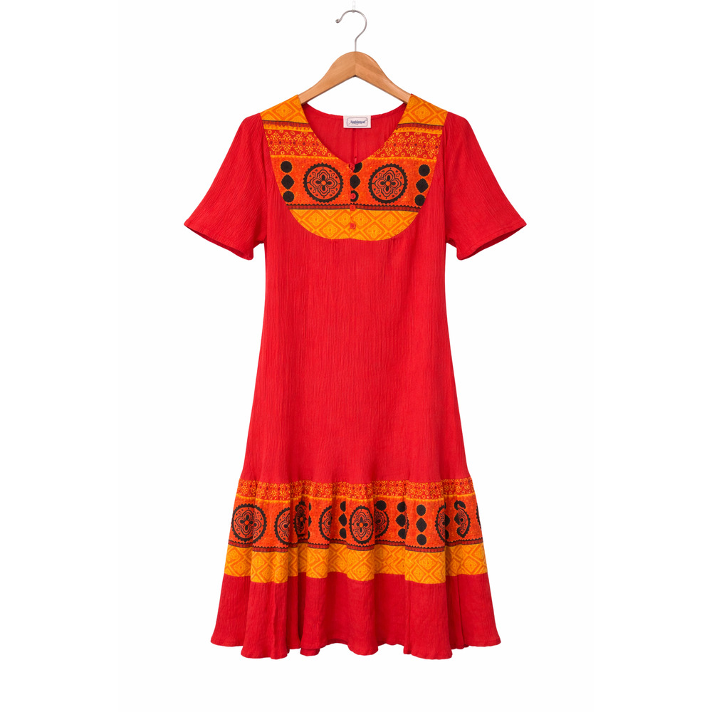 National Dress Womens Size Medium Red Orange Midi Crinkle 100% Cotton Bohemian